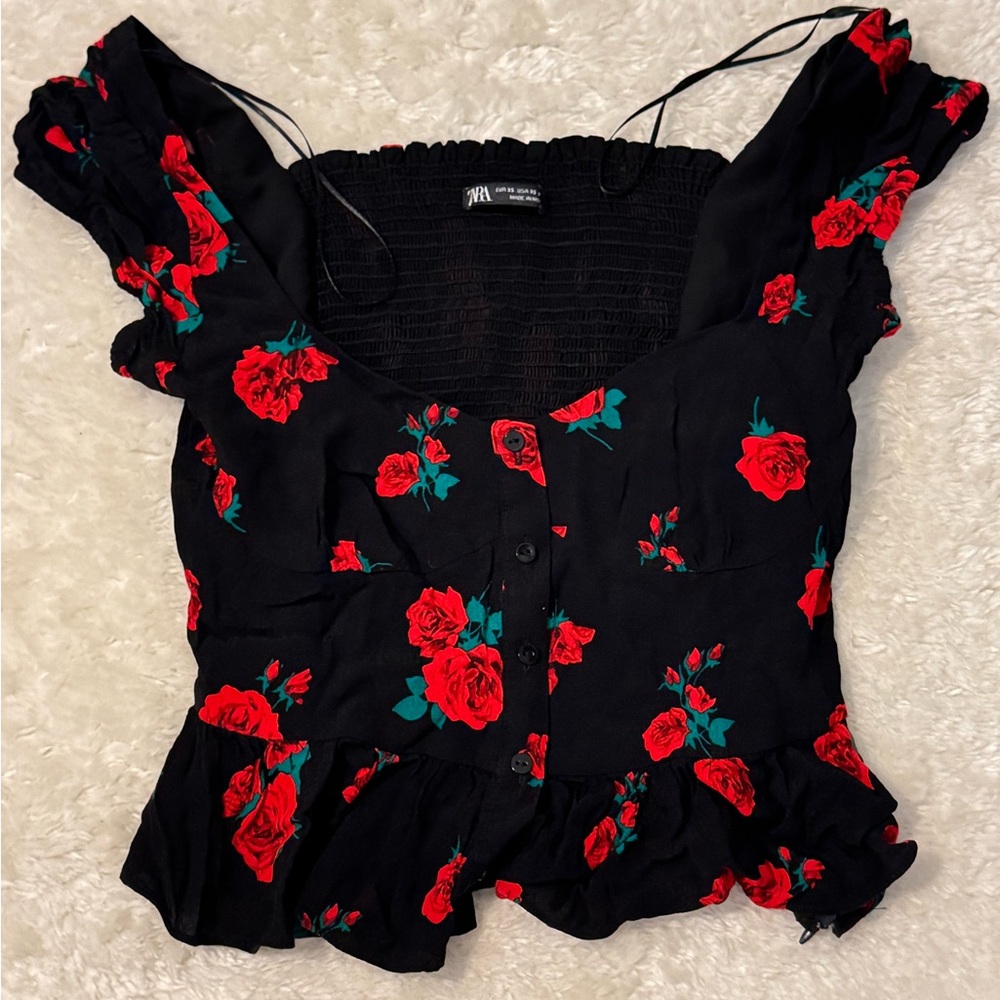 Zara Floral Black and Red Women's Top